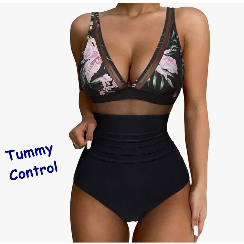 New Suuksess Mesh Tummy Control Swimsuit Push Up High Waisted Bathing Suit